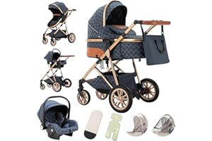 Gcarebb Carrito Bebe 3 en 1, Cochecito Bebe 3 Piezas Con Asiento De Auto, Cochecito con asa regulable en altura, Carricoche Combinado Paisaje Alto Marco de Aluminio Para Recién Nacido 0-3 años