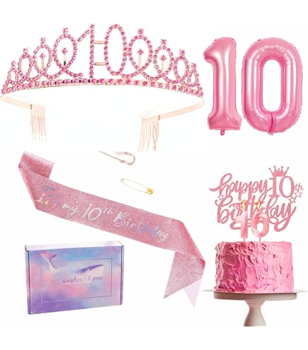 Décoration Gâteau Couronne Anniversaire 10 Ans Rose Or - Avec écharpe Et Cake Topper - Décoration Fête Fille Accessoire Fête Enfant