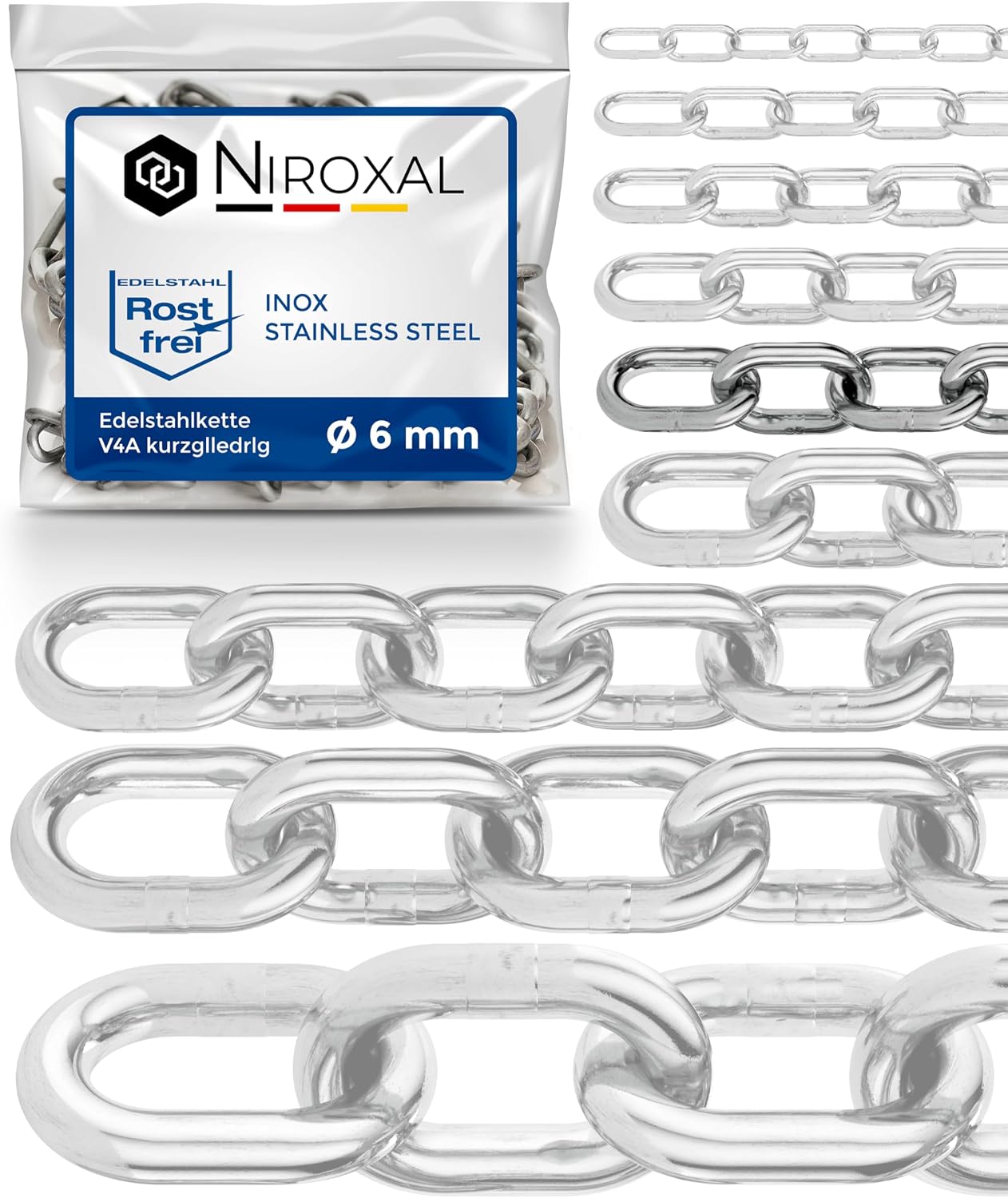 100 cm = 1 metro 6 mm fuerte cadena de acero inoxidable V4A cadena de eslabones cortos en pieza cadena de ancla A4 DIN 56856 cadena de eslabones redondos DIN 766, inoxidable cadena de cierre 1 m