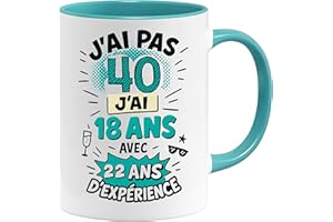 Jungle Mug | Mug 40 Ans Anniversaire Humour | Cadeau Original Femme Homme 40e Année | Tasse Drôle J’ai Pas 40 Ans – J’ai 18 Avec 22 Ans d’Expérience | Céramique, Blanc/Bleu, 330 ml