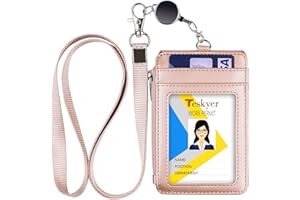 Teskyer Card Holder with Retractable Lanyard, Badge Holder with Zipper Pocket and Holds 4 Cards, Vertical Card Holder with Clear Window, PU Leather, Rose Gold