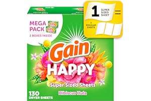 Gain Sábanas para secadora de gran tamaño, suavizante de tela para lavandería, Happy, 130 unidades