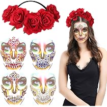 Serre-tête Halloween Voile Noir - Style Dia De Los Muertos, Avec Tatouages Temporaires