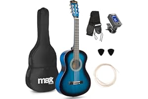 Max SoloArt Pack Guitare Classique Junior 3/4 - Bleue, Cordes en Nylon, 8 à 12 ans, Sac de Transport, Médiators, Sangle, un Cadeau pour Enfants Idéal pour Débuter la Guitare