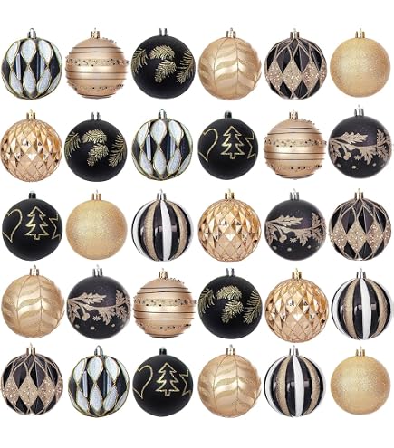 44 Boules De Noël En Plastique Noir Et Or Avec Cordon | Décoration Sapin, Motifs Flocons, élan, étoiles