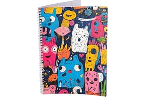 ‎DRUCK.DE druck.de College Notepad - Pack of 5 - DIN A4 - 80 Sheets - 80 g Volume Paper - Perforated - Spiral Binding White - Correction Margin - Perforated - Spiral Notepad (Small Monster, Chequered)