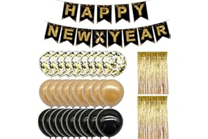 Amycute New Years Eve Decoration Kit, Happy New Year Banner Black Gold Confetti Balloons Gold Foil Curtain for 2024 New Years Eve Party Supplies