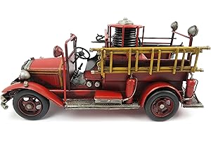 CLEVER-DEKO Auto in lamiera per i vigili del fuoco, camion dei pompieri e dei pompieri rosso nostalgico, decorazione retrò, modello auto in metallo, stile shabby vintage