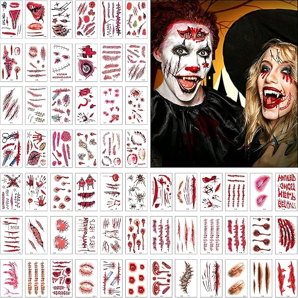 Tatouages Temporaires Halloween – 50 Feuilles De Cicatrices Et Blessures Réalistes. Idéal Pour Maquillage Zombie, Vampire Ou Cosplay Effrayant.
