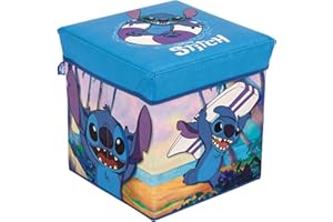 Superdiver - Cubo de almacenaje y asiento Stitch - Licencia Oficial Disney - 30x30x30 cm - Taburete infantil plegable con tapa acolchada - Organizador de juguetes