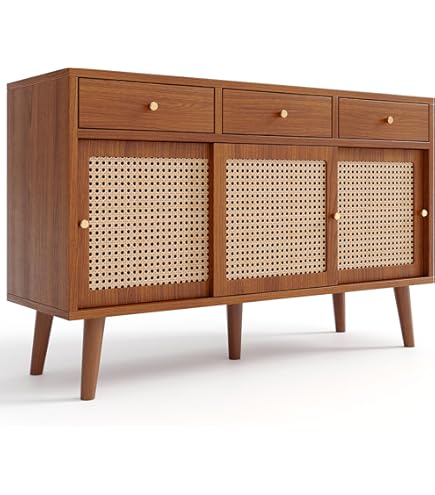 KAZZIO Credenza, cassettiera con 1 cassetto e 2 ante magnetiche, in rattan intrecciato sulla parte anteriore della porta, gambe in legno massiccio, manico in metallo nero, ripiani regolabili