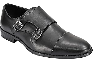 XPOSED Men's Classic Double Monk Shoes Toe Cap Side Strap Twin Buckle Faux Leather Loafers