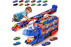 Dcceeo Dino Transporter Truck - Leksak med 12 racerbilar - Dinosaurietransportfordon som är vikbart och bärbart - Present för barn 3 4 5 6 7 8 år