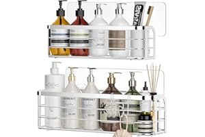 Luxear Lot de 2 Etagère de Rangement de Douche Adhésives sans Perçage Panier Salle de Bain en Acier Inoxydable 304 Panier Salle de Bain avec Crochets Rasoir Organiseur de Salle de Bain-Argent