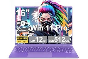 NOTODD Ordenador Portátil 16 Pulgadas Celeron N5095 Up to 2.9Ghz, Portátil Win 11 con 5G WiFi 12+512GB SSD Expansión 1TB, BT 4.2 Mini Puerto Multimedia Portatiles Ventilador Refrigeración 1920*1200-Morado
