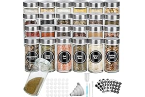 FRIBERG Pot à Épices,24 Pièces 100ml Bocaux à Épices,Boite a Epices Cuisine en Acier Inoxydable,pot epices verre Entonnoir Inclus,Brosse de Nettoyage,Tamis,Stylo et Autocollants