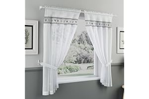 Tyrone Textiles Lucy Embroidered Heart Black Kitchen Window Set Curtain Pair with Frill Edging and Matching Tie Backs - Drop 48" (122cm)