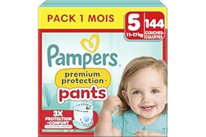 Pampers Premium Protection Pants, Taille 5, 144 Couches-Culottes, 12-17kg, Notre Meilleur Confort & Protection, Maintien 360° Contre Les Fuites et Matières Ultra-Douces, Pack 1 Mois