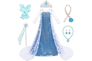 LOBTY Fille Robe de Princesse Elsa avec Accessoires Couronne Collier Déguisement de Reine des Neiges Costume de Princesse Anniversaire Fête Noël Partie Halloween Carnaval Cosplay Robe pour Enfants