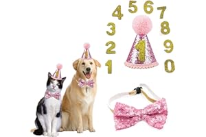 DHER Pet Birthday Set with Golden Sequins Hat Birthday Hat Pet Party Decoration Set Dog Birthday Hat Bow Tie Cat Dog Birthday Sequins Decoration Accessory Festive Party (Pink)