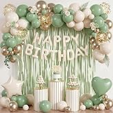 Birthday Decoration Gold Beige Sage Green Birthday Balloons Heart Star with Balloon Confetti Metallic Curtains Cake Topper, H