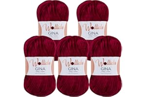 ‎WOLLIDU Wollidu Gina Chenille Garn zum Stricken und Häkeln 5 x 100g/120m Set 100% Polyester - Dunkelrot Weinrot