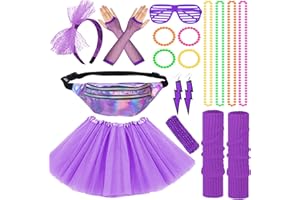 Aleshime 80s Fancy Dress Costumes Accessories for Women Girls, 1980s Fancy Party Costume Accessories Set Kits, Tutu Skirt Waist Bag Leg Warmers Necklaces Bracelet Fishnet Gloves Headband Earrings