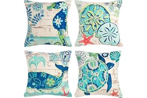 HomeStilez Fundas de Cojines 45x45cm 4 Pack Fundas Cojines Decorativos Moderno Suave Tortuga Marina Caballito de Mar Ballena Medusa Estrella de Mar Decoración Funda de Almohada Sofá Decoración，Azul
