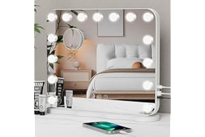 BLUEWOOD Hollywood Vanity Mirror with Lights, 58×45cm Large Lighted Makeup Mirror with 15 Dimmable LED Bulbs, 3 Lighting Modes, Smart Touch Control, Tabletop and Wall Mounted for Bedroom, USB/Type C Output