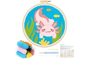 JSRQT Stanznadel Stickerei Starter Kit Punch Needle für Anfänger Adult Debutant DIY Embroidery Sticken Handarbeit Stanznadelstoff Muster Mexican Walking Fish Stanzer Basteln Geschenk Handarbeit