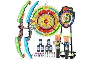 HYES 2 Pack Arc et Flèche avec 29" Lumineux Dart Board, Dinosaure Tir à l'arc avec Flèches à Ventouse, Debout Feuille Cible, Score Cibles, Jouet d'Intérieur et d'Extérieur Cadeaux pour Garçons Filles