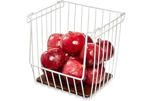 INTERDESIGN iDesign Organizer cucina con apertura frontale in metallo e legno d'acacia, Porta frutta da tavolo con manici, Organizer cucina salvaspazio per la credenza, bianco e naturale