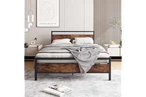 HOJINLINERO Double Bed Frame with Wooden Headboard,Heavy Duty Metal Platform Bed Frame Double Bed No Box Spring Needed,Mattress Base,Metal Slats Support Underbed Storage Space,Solid Double Beds,Black