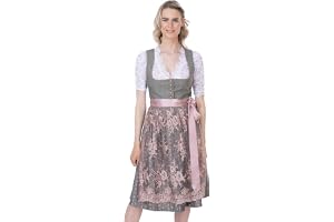 Schöneberger Dirndl Dirndl z zapięciem na guziki i koronkowym fartuchem – elegancki żakardowy Dirndl w kolorze różowym/szarym – Midi Isabella