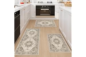 Homcomodar Kitchen Runner Rugs Non Slip Washable 3 Piece Oriental Kitchen Mats Taupe Low Pile Runner Rug for Hallway Laundry Room Bedroom 50x120cm+50x80cm+50x80cm