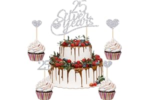 NEZYO Set di Topper per Torta per il 25° Anniversario di Matrimonio Decorazioni per Cupcake con Glitter Topper a Cuore d'Argento Topper con Numero 25 e Topper per Silver Years,13 Pezzi in Totale