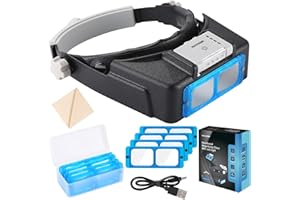 YOCTOSUN Magnifying Glasses with Light for Close Work, Rechargeable Headband Magnifier with 4 Lenses 1.5X-3.5X, Hands Free Magnifying Glass Visor for Jewelers, Crafts, Hobby