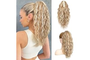 PORSMEER Pferdeschwanz Haarteil Ponytail Extensions blond mit hellblond mit klammer 45cm Lange Gewellte Lockige Haarverlängerung Zopf Clip in Klaue Natürlich Kunsthaar Haarteil für Frauen,18zoll