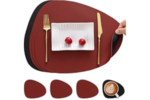 Myir JUN Manteles Individuales y Posavasos de Cuero, Salvamanteles Individuales y Posavasos Lavables de PVC Manteles Individuales y Posavasos (Rojo Negro, Juego de 4)