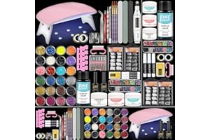 PEACECOLOR Kit Uñas Acrílicas Completo para Principiantes 24pcs Glitter Polvo y Monómero Set con 6W Lámpara para Uñas Nail Ar