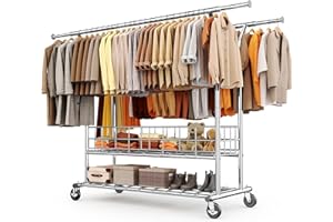 HOKEEPER Schwerlast Kleiderständer auf Rollen, Doppelter Kleiderstange, bis 283 kg belastbar, Industrie-Design, Garderobenständer mit Ablage& Wäschekorb,ausziehbare Länge und Höhe,Chorm