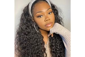 FEIBIN Perruques Bandeau Cheveux Humains Headband Wigs Frisée Cheveux Longue Perruques Brésilienne Pour les Femmes Noires Deep Wave Glueless Human Hair Wigs 18 Pouces