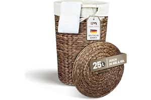 Casa Mina® Wäschekorb mit Deckel D30 x H45cm hoch I Atmungsaktiver Wäschekorb geflochten aus 100% Naturfaser I Robuster Wäschesammler mit Griffen & waschbarem Innensack I Wäschekörbe - Lombok