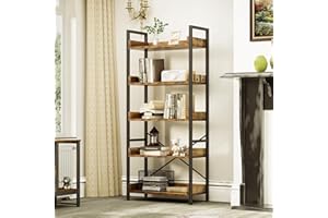 YITAHOME Bookcase 5 Tiers, Floor Standing Book Shelf, Wooden Shelvs and Stable Steel Frame Shelving Units with 4 Hooks Industrial Storage for Living Room, Home Office, Rustic Brown Book Case