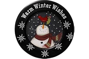 CVHOMEDECO. Snowman and Little Bird Decorative Plate Primitives Vintage Round Display Wooden Plate Home Décor Art, 9.75 Inch