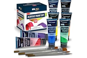 SOL 12pk Acrylic Paint Set 8x120ml Versatile Paints + 4 Brushes for Artists - Vibrant Colours for Canvas, Rock, Ceramic, and Wood - Fast-Drying, Water-Based Paint for Adults, Kids, and Hobbyists