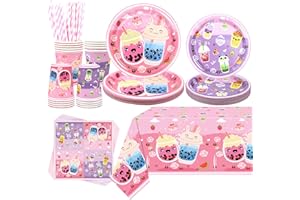 Obussgar Perltee Party Dekorationen, Perltee Party Supplies umfasst Teller, Tassen, Tücher, Tischdecke, Strohhalme für Mädchen Geburtstag Party Dekorationen (20)