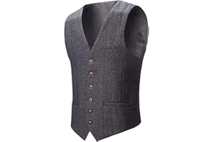 BOTVELA Men's Slim Fit Herringbone Tweed Waistcoat Full Back Wool Blend Suit Vest