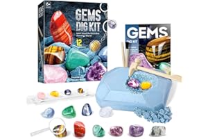 EDUMAN Kit Di Scavo Di Gemme per Bambini, Scava 12 Gemme E Cristalli Reali Con Strumenti Minerari, Kit Paleontologo E Giochi Archeologia per Bambini +6 Anni