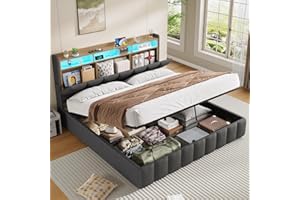 KIMENICH Lit Coffre 180 x 200 à LED, Lit Hydraulique avec Étagères Ouvertes et Rangement Caché en Tête de Lit Capitonné, lit 2 Personnes avec Lattes en Bois, Lits 180 x 200 avec Sommier en Lin Gris